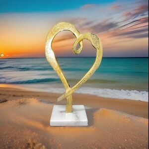 Gold Heart Sculpture “Corazon” elegance on white Marble Base decor 11”